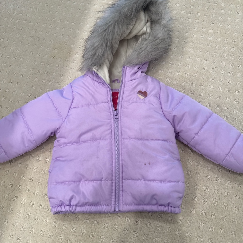 London Fog Toddler 2T Lavender Puffer Coat Faux Fur Hood Winter Jacket